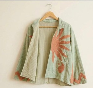Veste en velours beige pour femmes, brodée au style Suzani, en coton tissé, motif floral marron, col rabattu, manches longues, vêtement d'extérieur pour l'hiver - Product Image 2