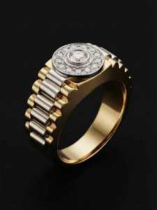 <b>Two</b> Tone Moissanite <b>Ring</b> Men Hip Hop Band Round Center <b>Stone</b> Prong Set Jewelry - Product Image 1