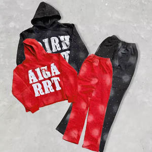 New 2026 Winter Acid Wash Flared Tracksuits <b>Zip</b> 450 GSM 100% Cotton Jogging Suit Distressed Sun Faded Rhinestone Hoodies - Product Image 5