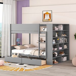 Lit superposé double avec 2 tiroirs et armoire multi-niveaux en gris pour enfants - Product Image 1
