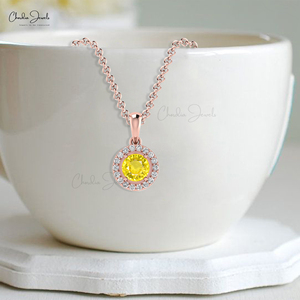 Handcrafted 14K <b>Solid</b> <b>Gold</b> Gemstone Necklace 0.23CTW Natural Yellow Sapphire Halo Diamond <b>Pendant</b> Chordia Jewels Christian - Product Image 4