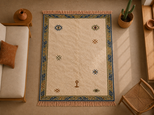 Tapis berbère marocain fait main en laine, noué à la main, minimaliste, style Beni Ourain, avec bordure tribale - Product Image 4