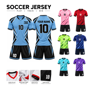 Ensemble de maillot de football personnalisé noir et bleu, col en V, manches courtes, impression sublimée, respirant, uniforme d'équipe unisexe pour adultes - Product Image 5