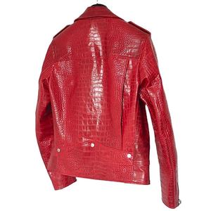 Men's Red PU Leather Moto <b>Jacket</b> Embossed Crocodile Pattern Zipper Closure Turn-down Collar <b>Slim</b> <b>Fit</b> Autumn Wear - Product Image 3