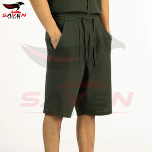 Shorts plissés en coton pour hommes avec logo personnalisé, taille élastique et cordon de serrage, décontractés d'été, coupe ample, avec poches, vente en gros - Product Image 2
