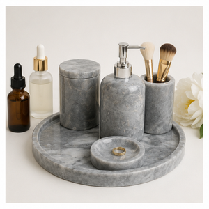 Natural Grey Marble Bathroom Accessory Set 5-Piece Modern Minimalist Hotel Organizer with Soap Dispenser <b>Toothbrush</b> <b>Holder</b> - Product Image 4
