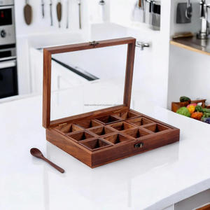 Custom Multipurpose <b>Pine</b> Wood Polished Antique Spice <b>Box</b> with 9 Compartments for Masala Storage - Product Image 2