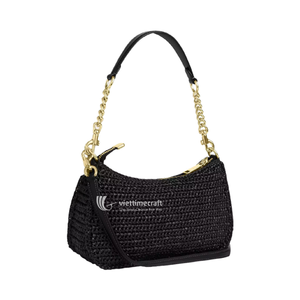 Handmade Straw Bag, Artisanal Crochet Paper Straw Tote, <b>Shoulder</b> Bag & Hobo Bag with Leather <b>Straps</b> & Ribbon Accents - Product Image 2