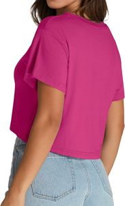 เสื้อครอปสีม่วงสำหรับผู้หญิง แขนสั้น คอวี ทรงหลวม ลำลอง ผ้าถัก สีพื้น เสื้อยืด ฤดูใบไม้ผลิ ฤดูร้อน สวมใส่ได้ทุกวัน - Product Image 4