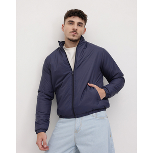 <b>Men's</b> Navy Blue <b>Bomber</b> <b>Jacket</b> Windproof Zipper Closure Casual Solid Color Polyester Wadding Autumn Wear - Product Image 4