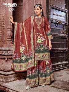 Conjunto de Sharara-Top y Dupatta de Diseño Moderno Especial para Eid, en Crepé de Seda con Estampado Digital y Trabajo de Espejos Reales, Compra en Línea en India - Product Image 2
