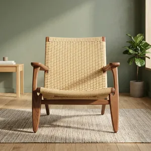Sillón Vintage de Madera con Asiento y Respaldo de Cuerda Tejida a Mano, Estructura de Madera Natural, Cómodo Sillón para Interiores y Exteriores - Product Image 6
