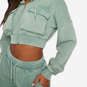 Custom Women's Winter Solid Hooded Cargo Tracksuit <b>Set</b> High Neck Crop Top and <b>Joggers</b> 2 Piece <b>Matching</b> Pockets Casual Outfit - Product Image 4