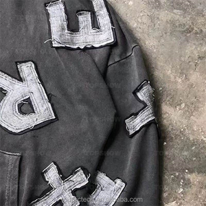 Sudadera con capucha para hombre, 100% algodón, de peso pesado, de lujo, con parche bordado y diseño estampado, estilo desgastado, con bordado desgastado. - Product Image 4