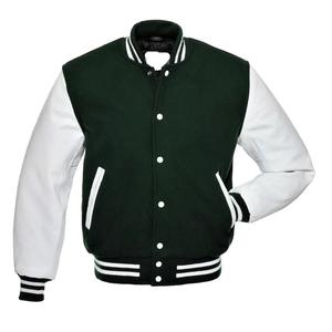 Chaqueta Bomber de Béisbol de Lana con Mangas de Cuero, Chaqueta Universitaria de Invierno, Chaqueta Varsity con Frente Negro y Mangas Verdes - Product Image 4