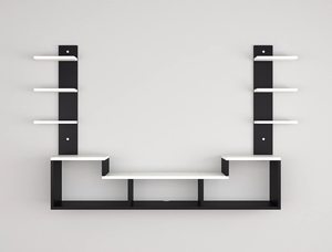 Mueble de TV de Madera Sintética para Montar en la Pared, Soporte para TV con Estantes para Sala de Estar, Negro y Blanco Escarchado - Product Image 2