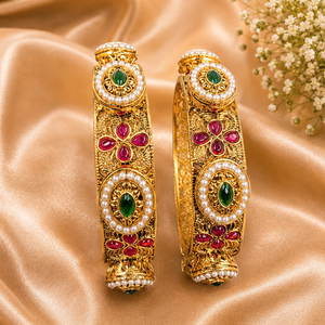 JeweleMarket Elegant Traditional Gold Plated Crystal & Rhinestone Freshwater Pearl Ethnic <b>Bangles</b> <b>Set</b> for Women - Product Image 1
