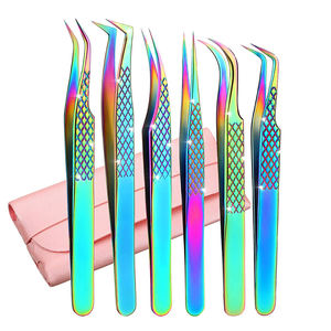 Ensemble de 6 pinces à cils en acier inoxydable à pointe lisse, durables, revêtement couleur titane, pointe droite et courbée, kit de pinces à cils - Product Image 6