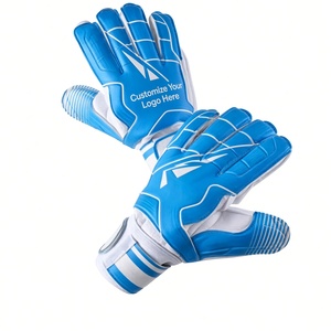 Gants de gardien de but de football personnalisables de haute qualité en cuir bleu, à doigts entiers, antidérapants, respirants, avec sangle de poignet réglable, unisexe - Product Image 1