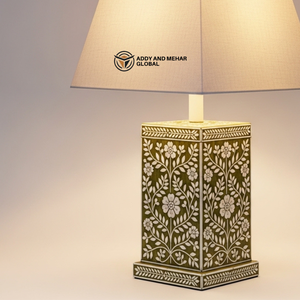 Lanterne de table artisanale verte à motifs floraux avec incrustations en os et abat-jour en tissu, lampe décorative de chevet pour salon et décoration intérieure - Product Image 3