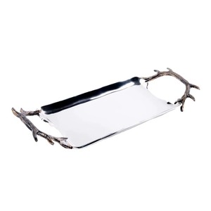 Magnifique plateau de service en métal argenté avec poignées en bronze en forme de bois de cerf rustique, parfait pour les réceptions et les dîners haut de gamme. - Product Image 2