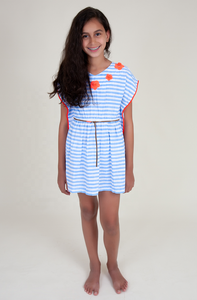 Robe brodée à rayures, décor avec pompons, Collection assortie mère et fille, bleu ciel et blanc, tenue de salon - Product Image 5