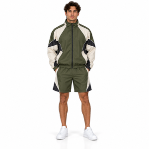 Custom Men Short Set Windbreaker Hooded <b>Jacket</b> Athletic Shorts Set Reflective Piping Custom Men's Streetwear Short Tracksuit - Product Image 1