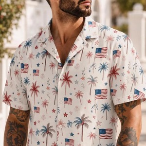 Chemise hawaïenne pour hommes à manches courtes, imprimé palmiers et drapeaux, col rabattu, chemises d'été respirantes - Product Image 3