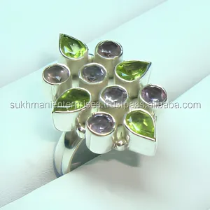 Bague Statement en Argent Sterling 925 Fait Main avec Multiples Pierres Précieuses, Peridot Vert et Améthyste, Bijoux Bohèmes Vintage pour Femmes - Product Image 1