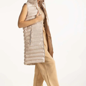 Chaleco Largo Acolchado Sin Mangas para Mujer, con Capucha, Cierre de Cremallera, Cortavientos, Informal, Color Beige Sólido - Product Image 2