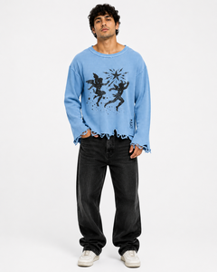 Pull court en coton bleu clair avec imprimé féerique, ourlet effiloché, col rond, manches longues - Product Image 2