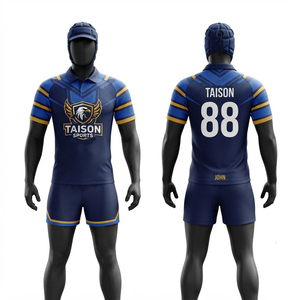 Uniforme de rugby de performance en polyester 240 g/m² à séchage rapide pour homme, bleu marine et gris, avec empiècements en maille chevron et logo personnalisé par transfert thermique - Product Image 1