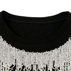 Camiseta Negra de Manga Corta para Hombre con Adorno de Cuentas y Flecos de Diamantes de Imitación, Cuello Redondo, Estilo Casual Holgado - Product Image 3
