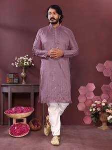 Exclusive Smart Silk Kurta <b>Pyjama</b> Set With Embroidery Mirror Work Party Wear Festival Wedding <b>Mens</b> Ethnic Wear Style - Product Image 3