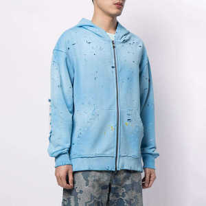 Wholesale Cotton Streetwear Breathable Distressed <b>Hoodie</b> Comfortable Custom <b>Men</b> Heavyweight Zipper <b>Hoodie</b> - Product Image 1