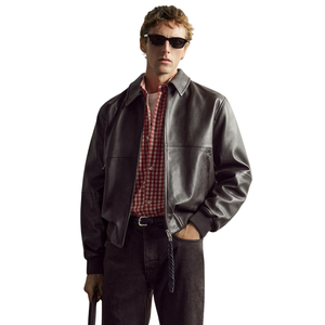 Men's Dark Brown Genuine Leather Oversized Blouson Jacket Shirt Collar <b>Zip</b> Front Relaxed Premium OEM Casual Streetwear Outerwear - Product Image 1