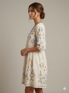 Boho Floral Embroidered Cotton Dress V-Neck <b>Three</b> Quarter Sleeve A-Line Mini Loose Fit Daily Wear Spring Style Ladies Evening - Product Image 3