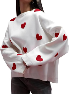 Sweat-shirt pour femme à motif cœur mignon en relief, col rond décontracté, pull tricoté pour la Saint-Valentin - Product Image 2