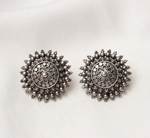 Swadeshi Pitara 925 <b>Silver</b> Ancient Dhal Inspired <b>Stud</b> <b>Earrings</b> with Diamond Vintage Flower Pattern Trendy 3.8cm - Product Image 1