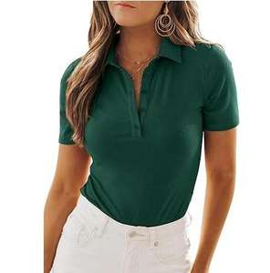 Camisetas Polo Casuales Lisas de Manga Corta con Cierre de Botones, 100% Algodón, Ropa Deportiva Transpirable de Verano para Mujer - Product Image 1