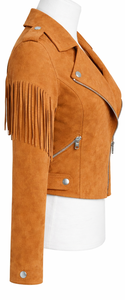 Factory Direct Tan Cognac Light Brown Women <b>suede</b> Leather <b>Jackets</b> Fashionable with fringes - Product Image 4