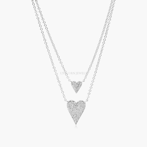 Collar de Corazón Doble Capa con Pavé en Oro Blanco, Colgante de Corazón de Diamantes Alargado de Dos Hilos, Joyería Romántica en Capas - Product Image 2