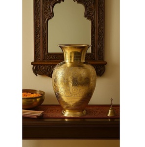 Vase de sol artisanal en laiton, moderne, gravé Meenakari, finition polie, embellissement en cristal, écologique, haut, pour la maison et le bureau - Product Image 1