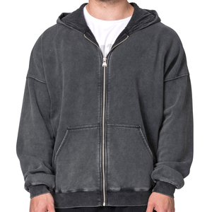 Custom Oversized Faded Distressed <b>Black</b> Heavy Out Old <b>Zip</b> <b>up</b> Pullover 100% Cotton Men Vintage Acid Mineral Stone Wash <b>Hoodie</b> - Product Image 6