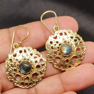 Beautiful Natural Flashy Labradorite Long Drop Earrings Solid Brass Gold Plated Beaded Design Bezel Set Handmade Trendy - Product Image 1