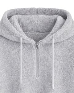 Sudadera con capucha corta de forro polar texturizado gris claro con cremallera de cuarto, dobladillo con cordón ajustable, estilo casual urbano, cálida, para hombre, con logo personalizado - Product Image 4