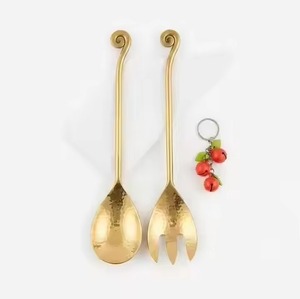 <b>Gold</b> Salad Servers Set of Two Twisted Handle Metal <b>Serving</b> <b>Spoon</b> and Fork Textured Design Salad Server Set - Product Image 3