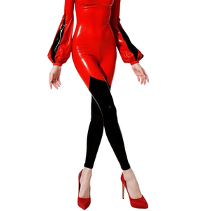 Women's <b>Red</b> PU Coated Jumpsuit Off Shoulder Long Sleeve High Waist Skinny Fit Full Length Solid Color Clubwear - Product Image 2