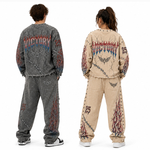 Custom Washed Fleece Tracksuit Set Vintage Acid Wash Oversized Sweatshirt and Jogger Pants Unisex Streetwear Two Piece Outfit - Product Image 2