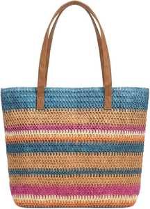 New Stylish Two-Handle Summer <b>Shoulder</b> <b>Bag</b> for Women Raffia Rainbow Striped Color-Block Straw Large Capacity Beach Holiday <b>Bag</b> - Product Image 3
